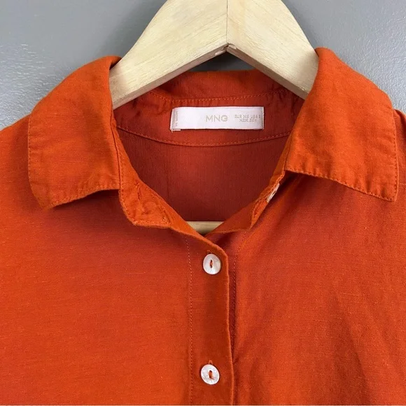 Mango Oversized Orange Linen Blend Short Sleeve Button-Up Shirt Size 2 - Picture 4 of 12